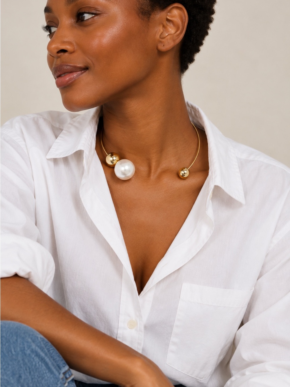 New! Gold Pearl Open Collar Necklace NWOT - Picture 2 of 4